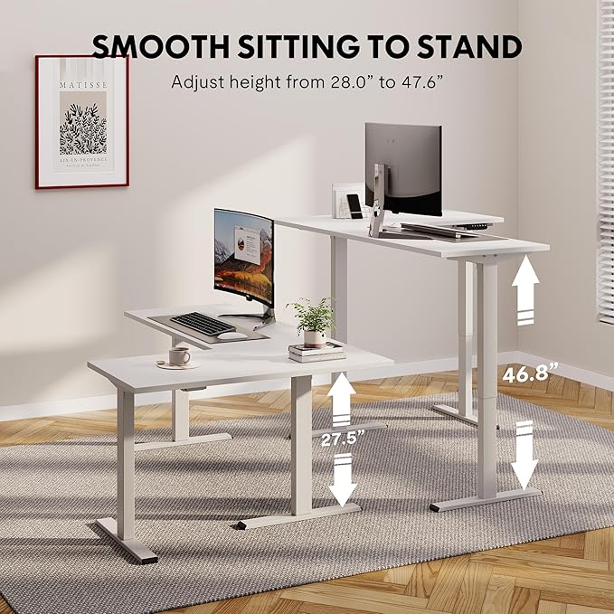 SANODESK Electric Height Adjustable 3 Leg Corner Desk Frame up to 220lbs Sit Stand Ergonomic L Shaped Frame Only White