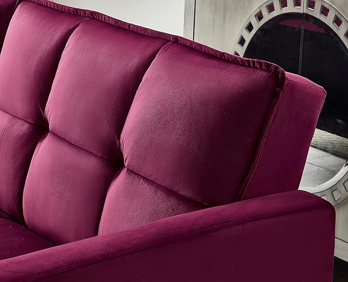 Legend Vansen 80'' Velvet Love seat Convertible Futon Two Pillows Sleeper Couch with 3 Adjustable Backrests Sofa Bed Large Sleeping Area Sofabed Red