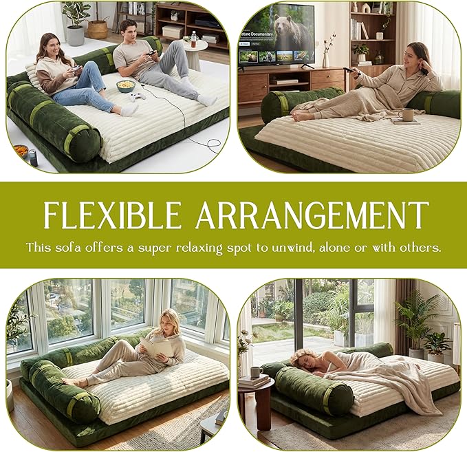 Floor Sofa Queen Sleeper Sofa Bed with Bamboo Backrest Velvet Upholstered Boneless Couch Floor Sofa Modular Futon Couch for Living Room Bedroom Lounge Green