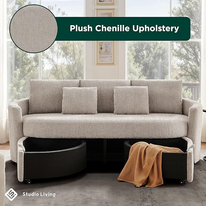 Studio Living® Beckett 92 Storage Sofa Modern Farmhouse Pocket Coil Comfort Easy Assembly Chenille Fabric Taupe