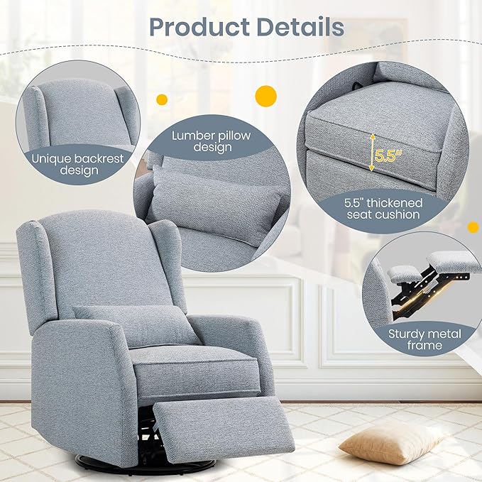 Swivel Rocker Recliner Chair with Adjustable Footrest Swivel Rocking Recliner with Deep Seat Lumbar Pillow Nursery Glider Recliner 360° Recliner Chair for Living Room&ampBedroom&ampOffice (Gray)