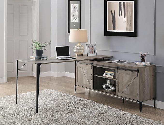 Penau Gray Oak and Black Finish Writing Desk with Spacious Cabinet Stylish Home Office Desk Durable Composite Wood Ample Storage Solution