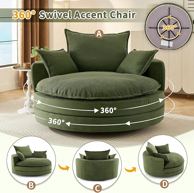 360° Swivel Accent Chair 57.5 Round Barrel Chair with Dual-Layer Cushion &amp 3 Removable Pillows for Living Room Bedroom Office Hotel Green