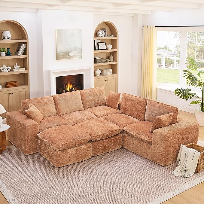 L-Shaped Boneless Modular Sectional Cloud Couches 7 Seat Modular Boucle Floor Foam Boneless Sofa Couch with Ottomans Headrest Pillows and Removable Cushions