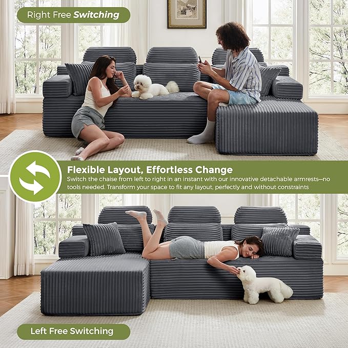 104 L-Shaped Cloud Modular Sectional Sofa with Chaise &amp Headrest Boneless Deep Seat Plush Corduroy Couches for Large Living Room No Assembly Required (Dark Gray 104 L-shapred Chaise)