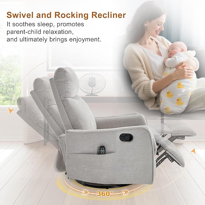 Manual Swivel Rocker Recliner Chair for Adults Overstuffed Reclining Glider Chair for Nursing with Vibration Massage &amp Heat Living Room Rocking Recliner 2-Stage backrest Chenille Fabric Light G