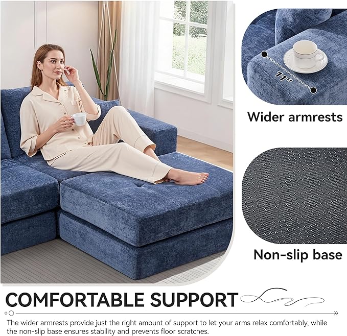 Boneless Sectional Loveseat Couch with Ottoman Convertible Tufted Button Modular Floor Sleeper Sofa Bed Comfy Foldable Compression Love Seat Sofa for Living Room No Assembly Blue