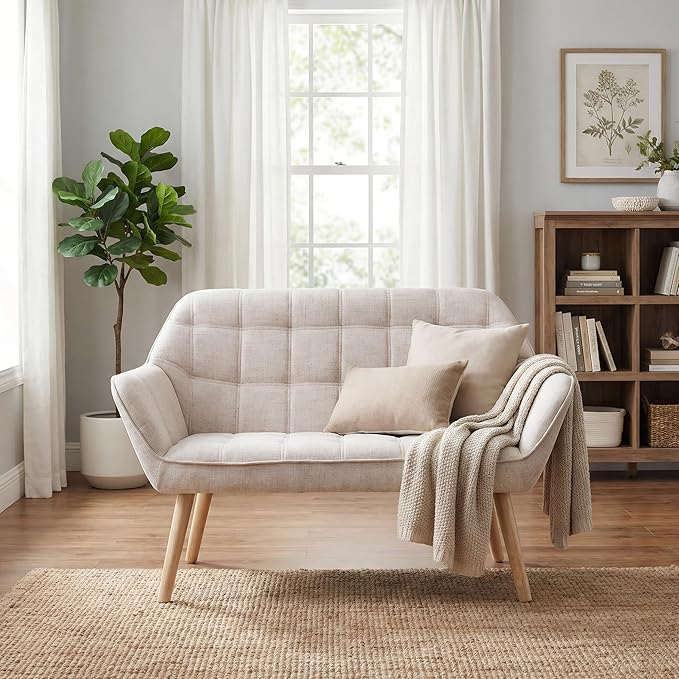 48”Small Loveseat Sofa Modern Linen Upholstered Mini Couch 2-Seater Fluffy Love Seat with Quilting Backs and Wood Legs for Small Space Living Room Bedroom Beige