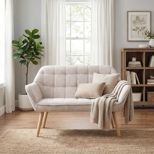 48”Small Loveseat Sofa Modern Linen Upholstered Mini Couch 2-Seater Fluffy Love Seat with Quilting Backs and Wood Legs for Small Space Living Room Bedroom Beige