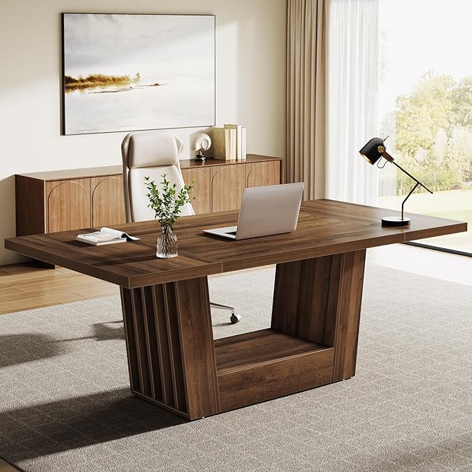 Tribesigns 63'' Wood Executive Office Desk Modern Computer Home Office Desk with Robust Base Large Wooden Conference Table Business Workstation for Home Office Walnut Brown