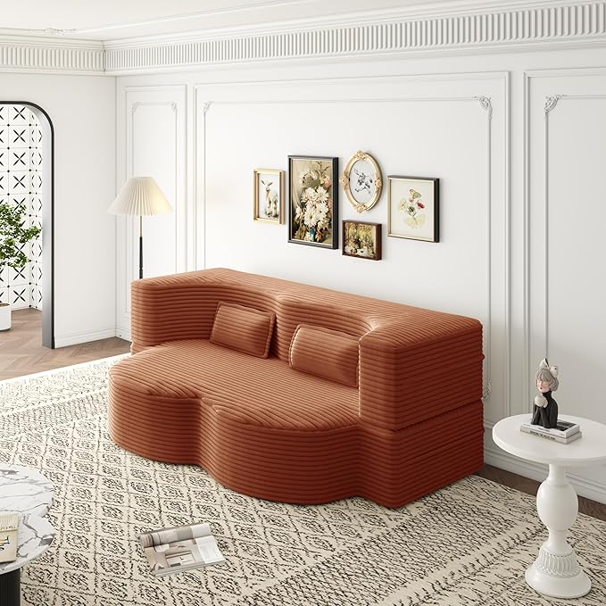 2 in 1 Folding Floor Couch Sofa Bed with 2 Pillows Convertible Sleeper Sofa Modern Full Mattress for Living Room Guestroom Plush Corduroy Floor Sofa BedNo Assembly RequiredOrange