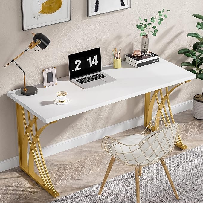 Tribesigns 55 Large Modern Computer Desk White &amp Gold Luxury Laptop PC Student Table Makeup Vanity Table with Thick Frame &amp Strong Legs Sturdy Writing Workstation for Home &amp Office