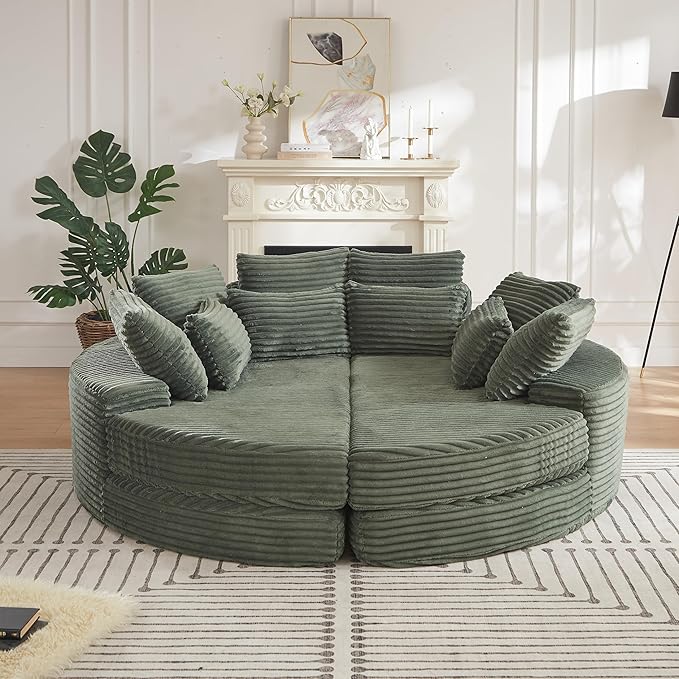 78.5 Oversized Round Chaise LoungeModular Convertible 2-in-1 Sofa Bed Upholstered CorduroyBoneless Plush Couches with PillowNo Assembly RequiredGreen
