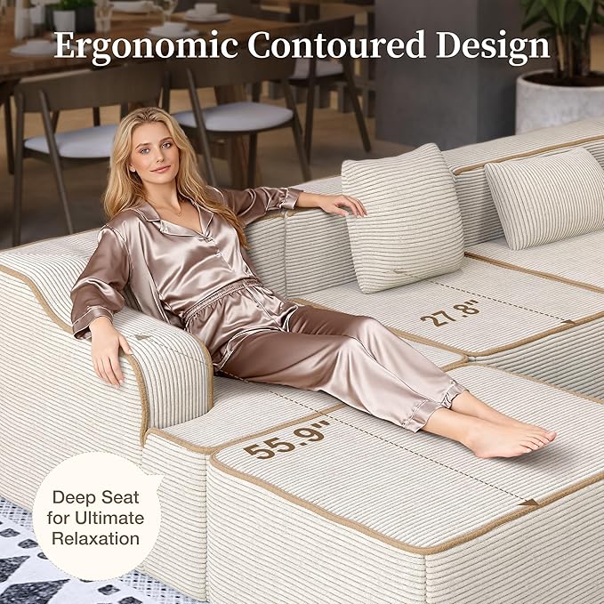 L Shaped Boneless Modular Cloud Couch 133.5'' Oversized Corduroy Sectional Sofa for Living Room 5-Seat Upholstered Modern Couch with Deep Seat No Assembly Required Beige