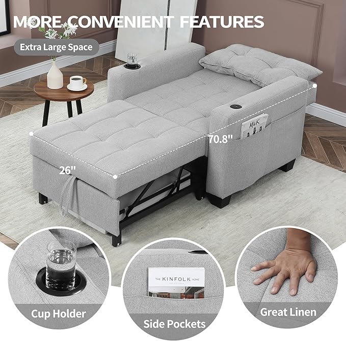 DURASPACE 36.6 Futon Chair Bed Convertible Chair 3-in-1 Pull Out Sleeper Reading Chair Beds with USB Armchair Sleeper Bed for Living Room Dorm Small Space (Light Gray Linen)
