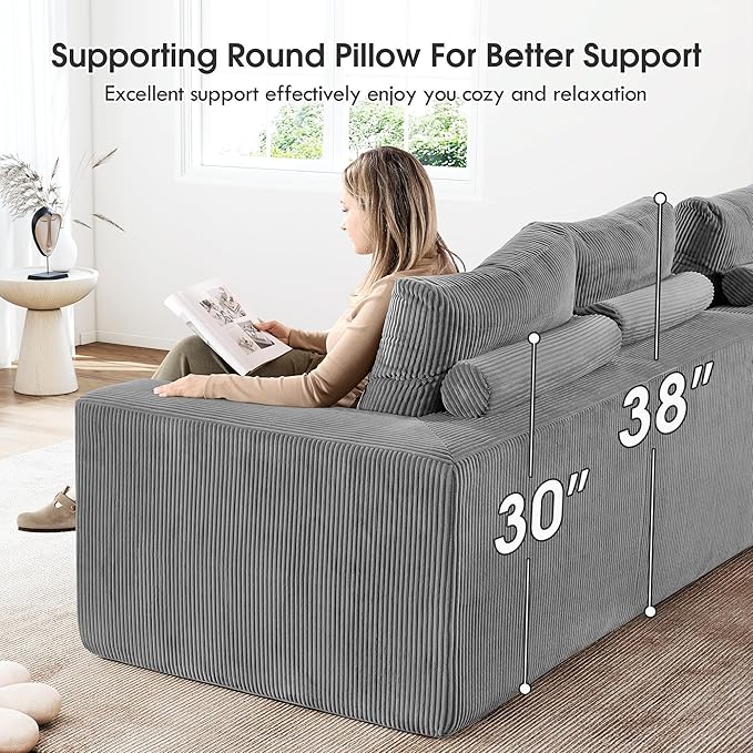 108 Modular Cloud Sectional Sofa 17.8 Comfort Height &amp Neck Pillow Modern Corduroy Couch with L-Shape Oversized Chaise for Living Room Bedroom No Assembly Required (Grey)