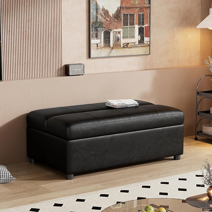46 Ottoman Folding Bed Twin Size Convertible Ottoman Pull Out Bed with Memory Mattress Foldable Sofa Beds Dual Use Guest Sleeper Couch for Living Room Bedroom Guest Room RV (Black+PU)