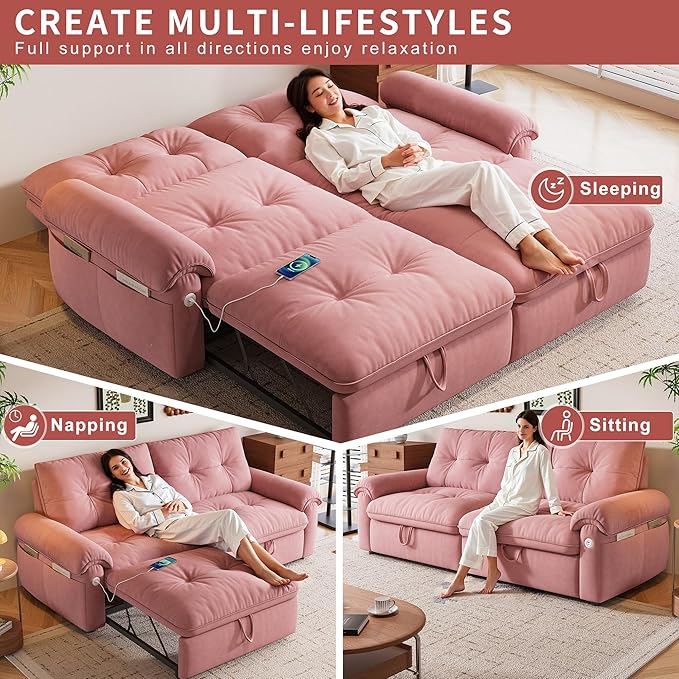 77 Queen Size Sofa Bed 2-in-1 Convertible Sleeper Sofa Bed with Adjustable Backrest Modern Velvet Couch with Side Pocket and USB Ports for Living Rooms Bedrooms Small Spaces (Pink 77.2inch)
