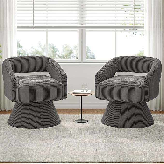 LINSY Swivel Chairs Set of 2 360 Modern Swivel Accent Chair Boucle Barrel Accent Chair Gray Corduroy Chair Small Round Chair for Small Spaces Bedroom Living Room