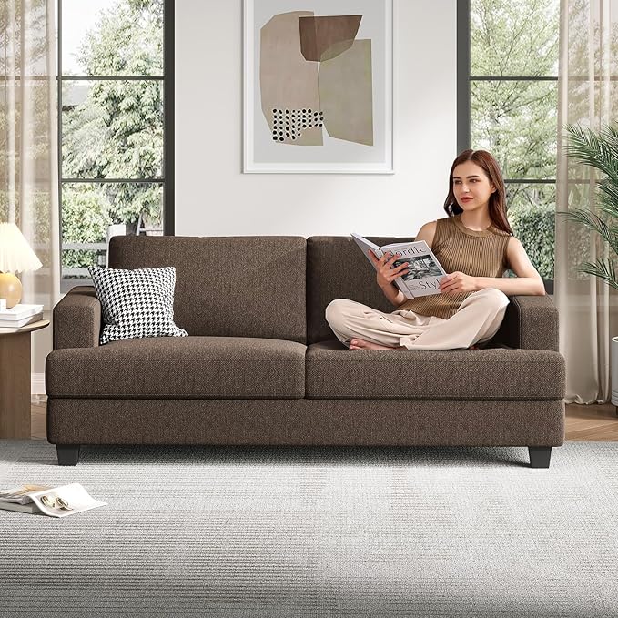 84 Inch Sofa with Extra Deep Seats Oversize Linen Fabric 2 Seater Sofa for Living RoomModern Couch and Loveseat Comfy Armrests and Seats and Backrests Easy Installation Brown