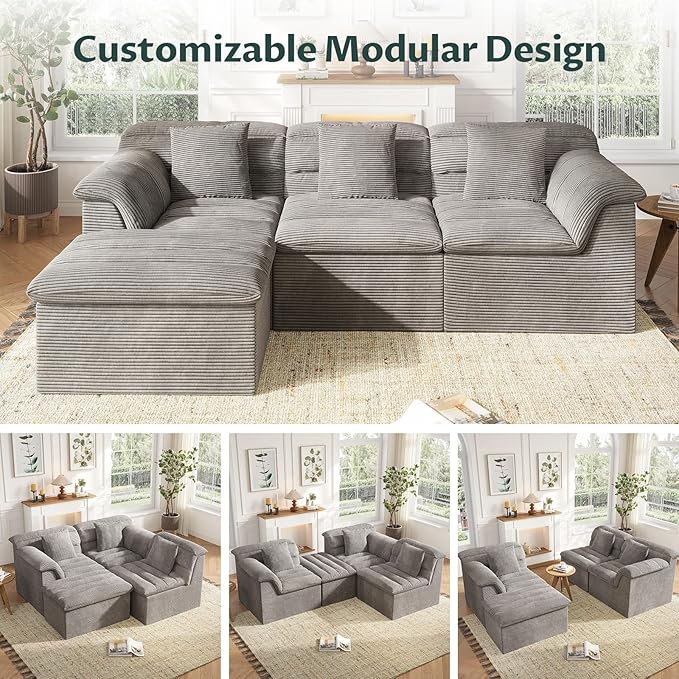 112 Modular Cloud Sectional Couch with Ottoman Modern Upholstered Compressed Sofa with Deep Seat Comfy L-Shape Corduroy Couches for Living Room No Assembly Required Light Gray