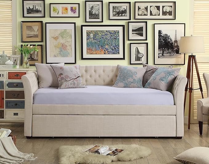 Rosevera Adrie Upholstered Twin Daybed with Tufted Button Daybed with Trundle Sofa for Living Room Bedroom Guest Room Beige Velvet