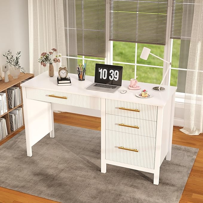 White Executive Desk with Drawers: 54 Wood Computer Desk with File Drawer Modern Home Office Desks with Storage Fluted Writing Desks for Working Studying (White 54)