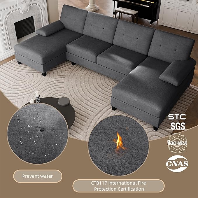 Walsunny Sectional Couches for Living Room Convertible U-Shaped Sofa Couch with Double Chaise 4 Seat Sofa Set Modular Sectional Sofa for Living Room Apartment Bedroom Black