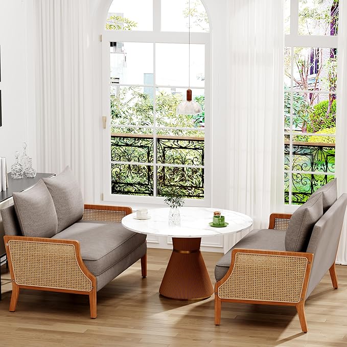 Loveseat Sofa Couches with Rattan Arms and Pillows for Living Dining Room Bedroom Office Entryway Small Spaces Taupe