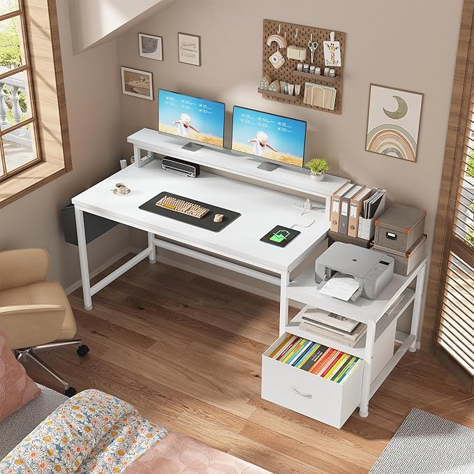 EnHomee 57 Office Desk with Drawers and Printer SpaceComputer Desk with Power OutletsHome Office Desks with File Drawers CabinetStudy Writing and Gaming Desk with Shelves Monitor StandWhite