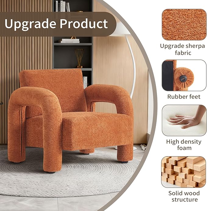 33.5 Modern Accent Chair Upgrade Sherpa Fabric Living Room Sofa Chair Comfy Arm Chair Leisure Armchair Single Sofa Chair with Curved Arm for Living Room ApartmentOrange