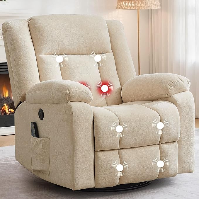 Rocker Recliner Glider Recliner Chairs for Adults 360° Swivel Rocking Chair with Massage and Heating Nursery Chair with Storage and USB Charging for Living Room Bedroom Nursery