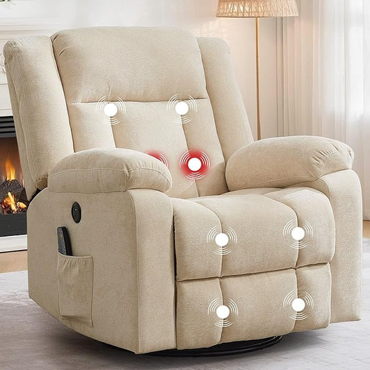 Rocker Recliner Glider Recliner Chairs for Adults 360° Swivel Rocking Chair with Massage and Heating Nursery Chair with Storage and USB Charging for Living Room Bedroom Nursery