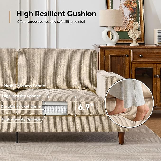 Tbfit 85 Corduroy Couch for Living Room 3 Seater Mid Century Modern Sofa with Spring Cusions for Bedroom Small Comfy Upholstered Couches Easy Assembly with Solid Wood Legs Beige