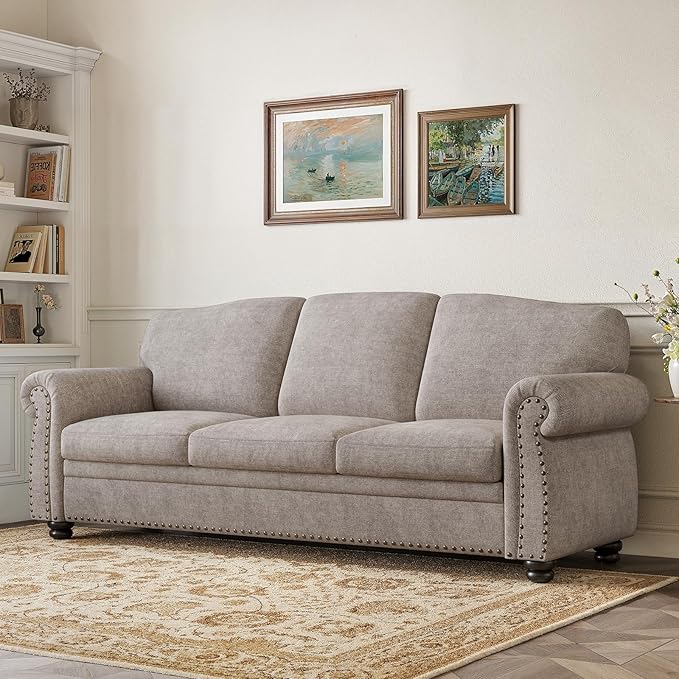 ONBRILL 90 Inch Rolled Arm Sofa for Living Room Deep Seat Nailhead Trim Couch Comfy 3 Seater Chenille Couch w/Wooden Leg Springs Seat Cushion Large Traditional Sofa for Farmhouse Beige