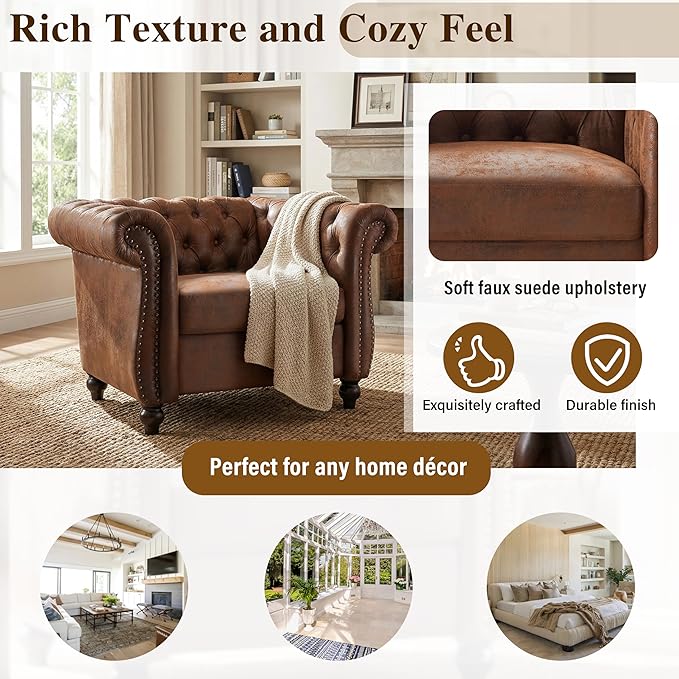 Mid-Century Modern Club Chair with Scrolled Arms Tufted Upholstered Rolled Armchair with Nailhead Trim and Solid Wood Legs for Home Bedroom Reading Room (Dark Brown87)
