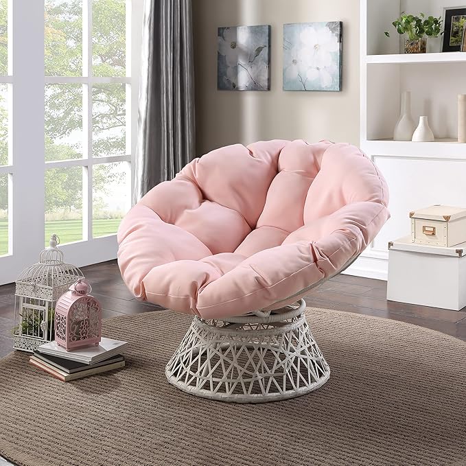 OSP Home Furnishings Wicker Papasan Chair with 360-Degree Swivel Cream Frame with Pink Cushion