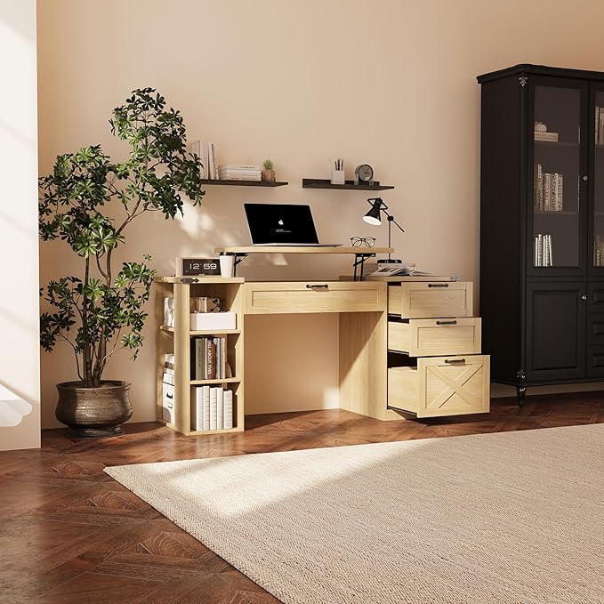 Farmhouse Lift Top Desk: Rustic Wood Standing Desk with 3 Drawers &amp Open Storage Shelves Adjustable Height White &amp Brown Home Office Computer Desk for Work Study Writing (Natural Oak)