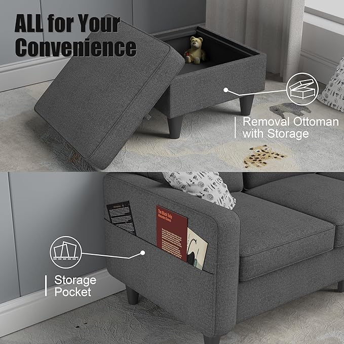 ZeeFu Couch for Living Room - 78'' Beige Linen 3 Seat L-Shaped Sectional Sofa Couches with Storage Ottoman - Modern Small Space Upholstered Furniture Sofa Set for Office Small Space Apartment