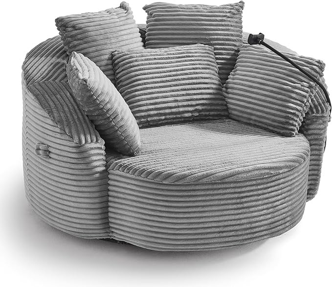 360° Swivel Accent Chair with 5 Throw Pillows Adjustable Phone Holder Corduroy Fabric Round Sofa Chair Barrel Chair with Semi-Wraparound Design for Living Room Office and Hotel (Gray1)