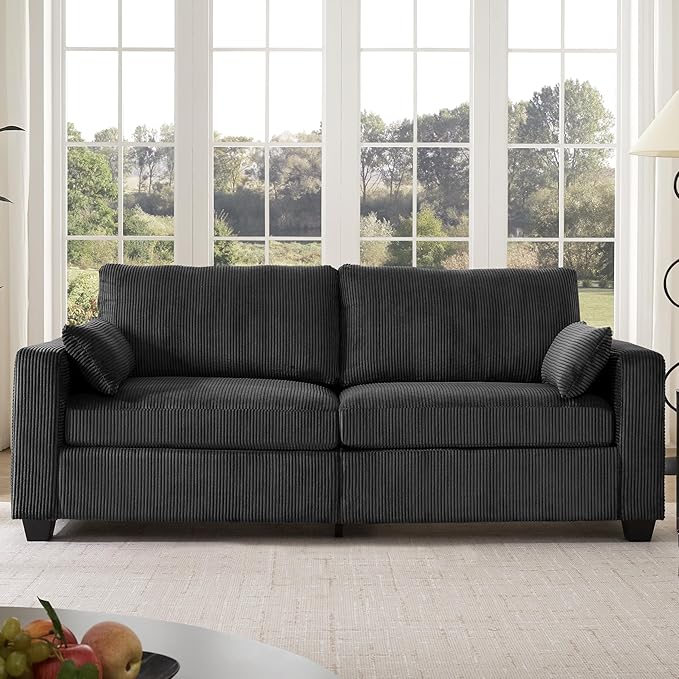 Modern Loveseat Sofa for Living Room Removable Cover Spring Cushions Solid Wood Frame Wide Armrest Corduroy Fabric Recliner Couches for Small Space (Black Corduroy 81 inch)