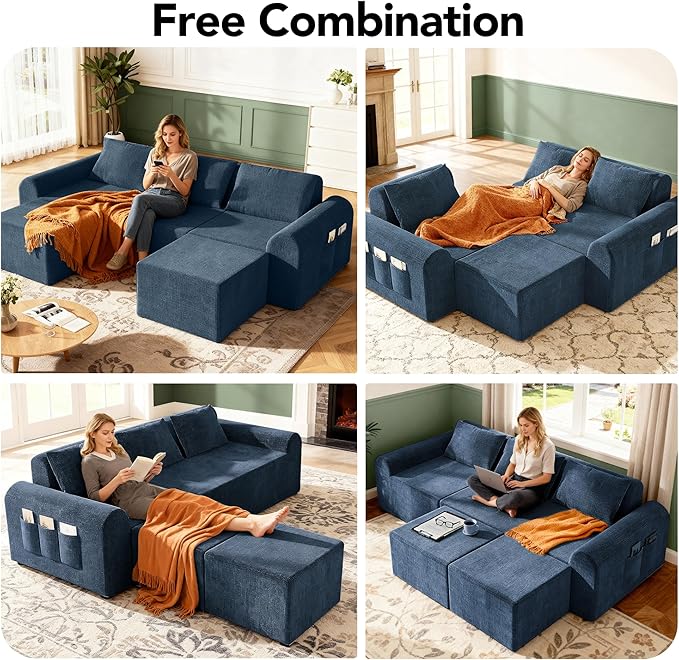 86.6 Cloud Boneless Sectional Sofa for Living Room 3-Seater Modular Couch for Small Apartments with 2 Ottomans Deep Seat Chenille Fabric Sofa No Assembly Required 72H Full Restore Blue
