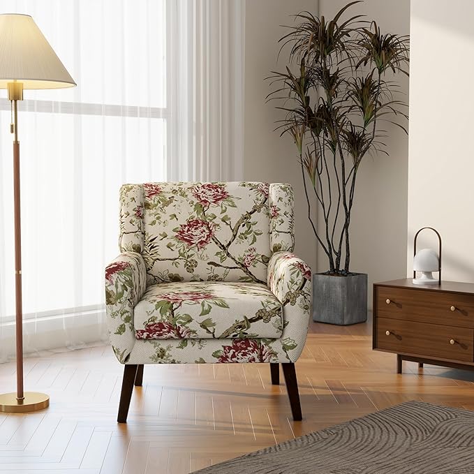 Accent Chair Modern Linen Blend Arm Chair for Living Room Bedroom Comfy High-Resilient Sponge Reading Chair for Small Spaces (Pattern Red Floral Set of 2)