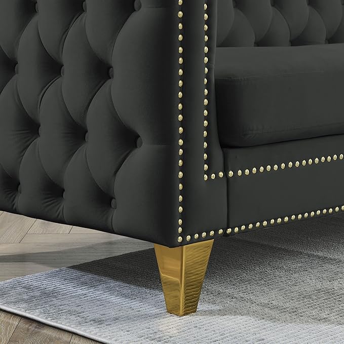 mikibama Velvet Modular Sectional SofaModern L-Shaped Sofa Couch with Nailhead Trim5 Seater Corner Sofas for Living RoomApartmentButton Tufted with Gold Metal Legs (Black L-Shape)