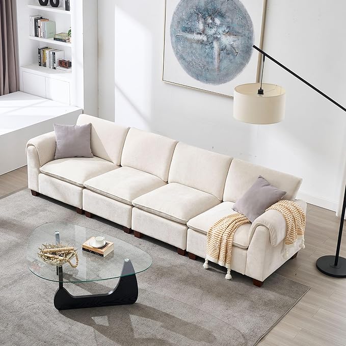 119 Inches Cloud Modular Sectional Sofa 4 Seater Chenille Fabric Couch Modern Convertible Comfortable Sofa Couch for Living Room White