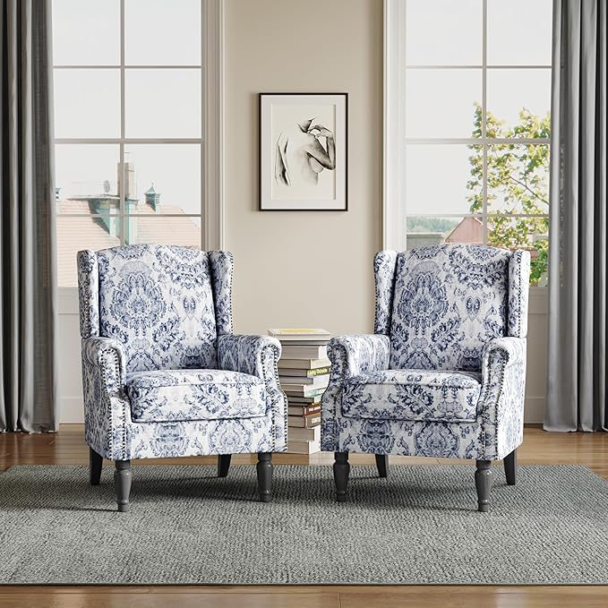 Lumibee High Back Accent Chair Set of 2 Armchair in FabricComfy Upholstered Wingback Single Sofa Reading Chairs with Solid Wood Legs for Living RoomBedroomOffice-Navy