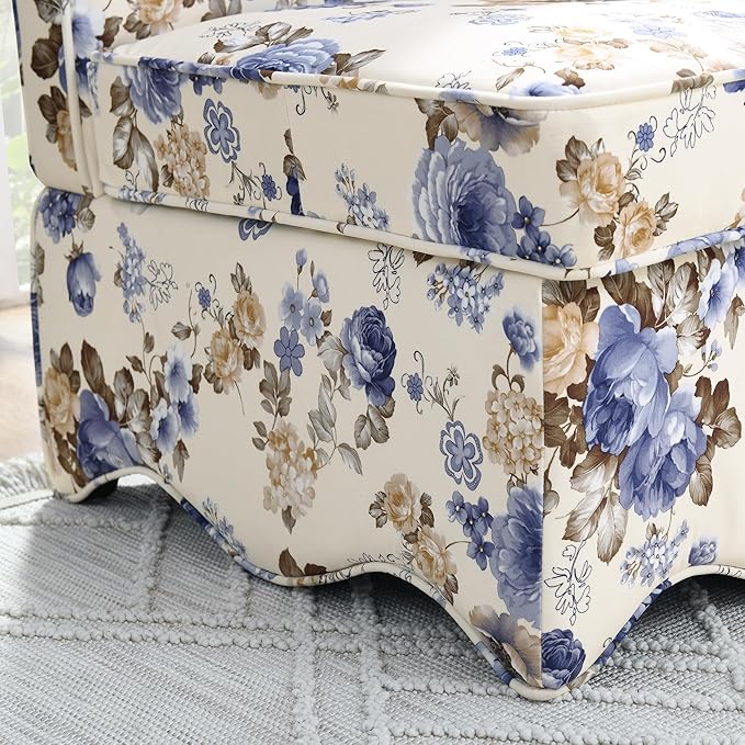 TTK Flannel Upholstered Accent Chair - Retro Single Sofa Chair with Floral Pattern Armless Lounge Chair with Removable Cushion &amp Pillow Comfortable Dining Chair for Living Room (Blue)
