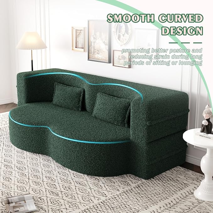 78 Teddy Folding Floor Sofa Couch BedConvertible Folding Sofa Bed Full Size Love Seat Sleeper Bed with 2 Pillows for Living Room Apartment Office (Green)