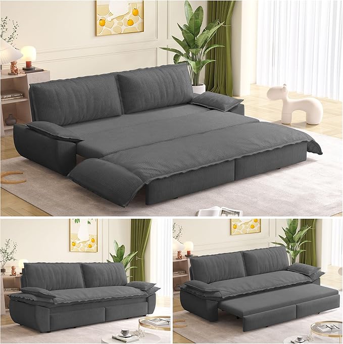 73.2 Queen Size Pull Out Sofa Bed 3-in-1 Convertible Sleeper Corduroy Loveseat for Living Room Apartment Bedroom Small Spaces Dark Grey (Mattress &amp Bedding Not Included)