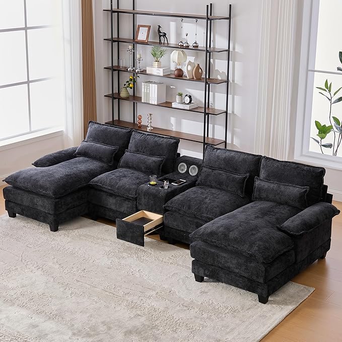 126 Modular Sectional Sofa with Storage Console Cloud Couch Chenille U-Shaped Sofa Cup Holders &amp Wireless Charger Memory Foam Double Chaise for Living Room Office Black